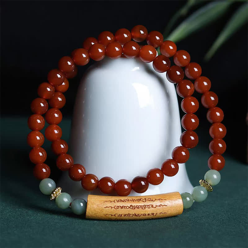 Buddha Stones Red Agate Green Aventurine Five Buddhist Precepts Double Wrap Balance Bracelet