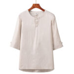 Buddha Stones Spring Summer Minimalist Button-Up Solid Linen Men's Elbow-Length Sleeve Shirt