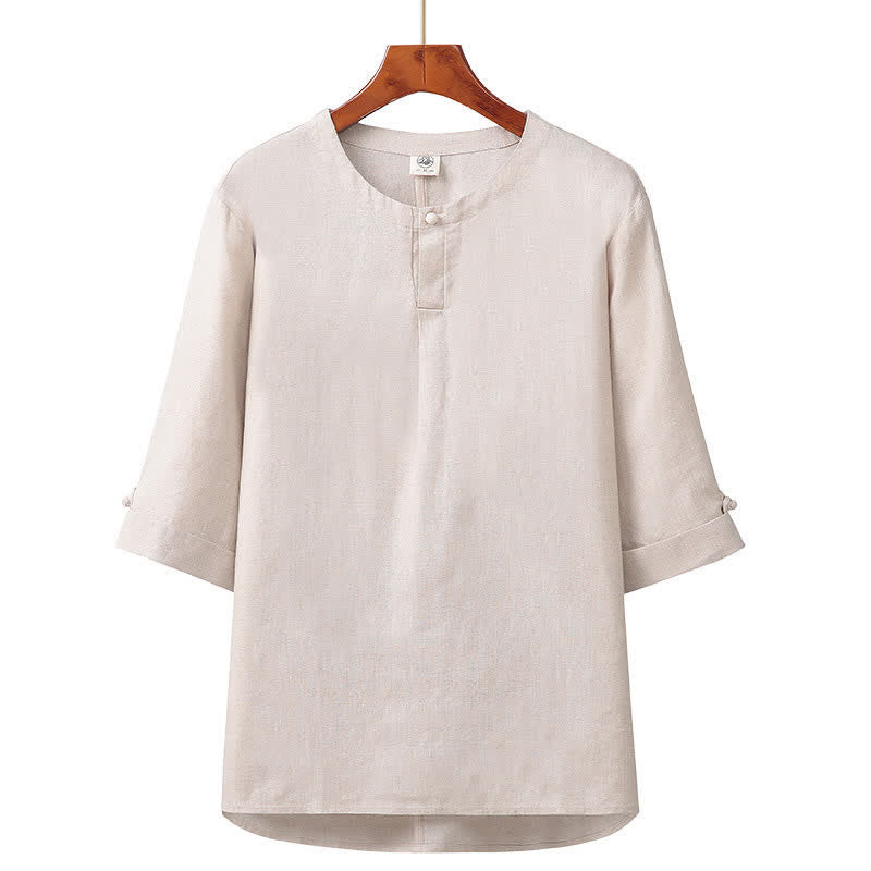 Buddha Stones Spring Summer Minimalist Button-Up Solid Linen Men's Elbow-Length Sleeve Shirt