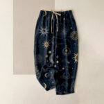 Buddha Stones Pure Cotton Celestial Sun Moon Stars Pattern Women's Elastic Waist Pants With Pockets