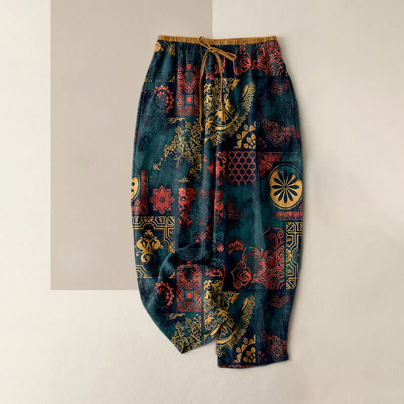 Buddha Stones Cotton Floral Pattern Women's Elastic Waist Pants With Pockets