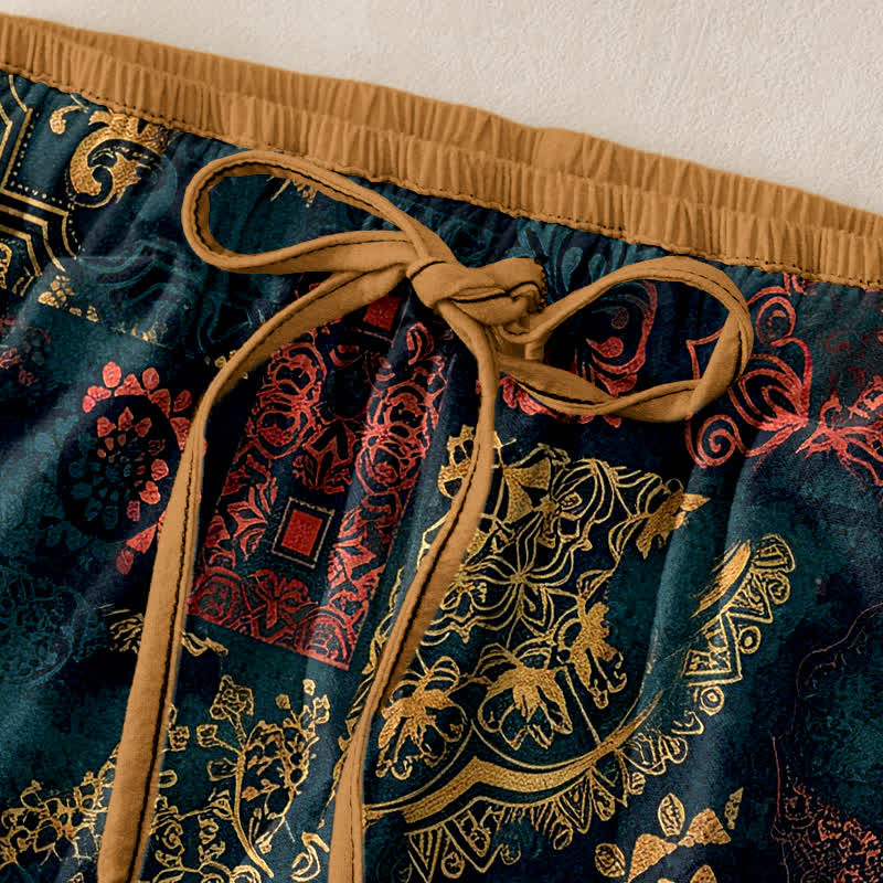 Buddha Stones Cotton Floral Pattern Women's Elastic Waist Pants With Pockets