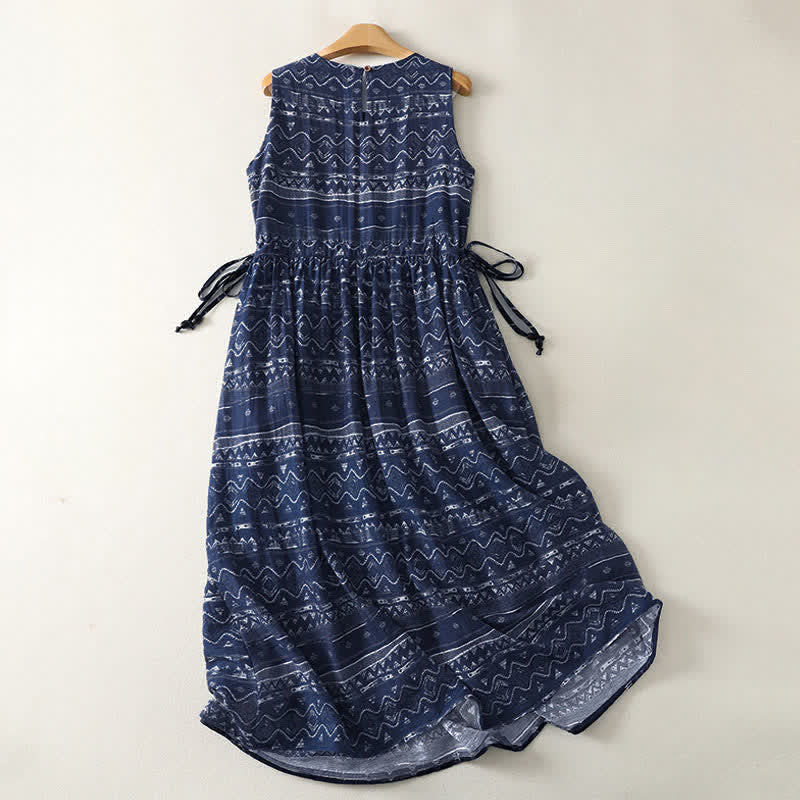 Buddha Stones Summer Boho Drawstring Ethnic Print Women's Summer Sleeveless Dress With Pockets
