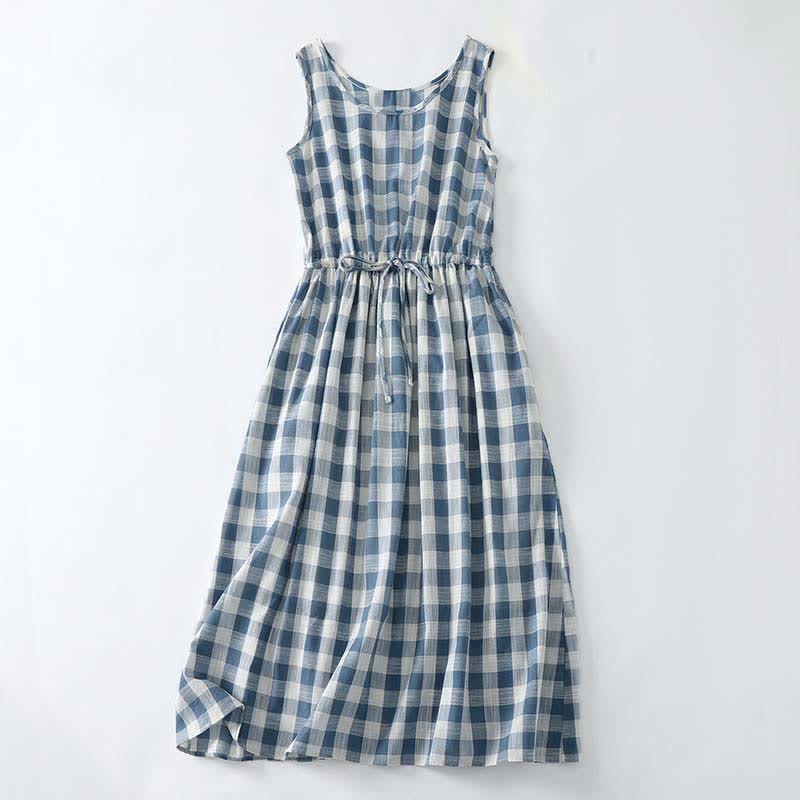 Buddha Stones Summer Casual Drawstring Blue White Gingham Women's Summer Sleeveless Dress With Pockets