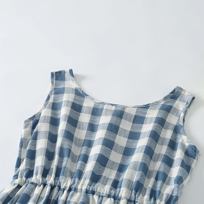 Buddha Stones Summer Casual Drawstring Blue White Gingham Women's Summer Sleeveless Dress With Pockets