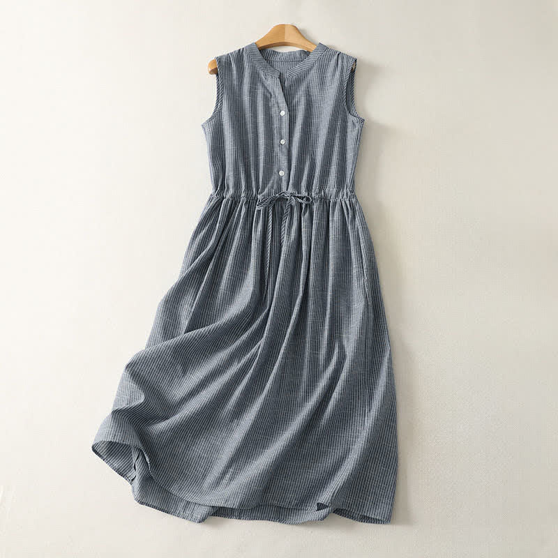 Buddha Stones Summer Minimalist Button-Up Drawstring Striped Women's Sleeveless Dress