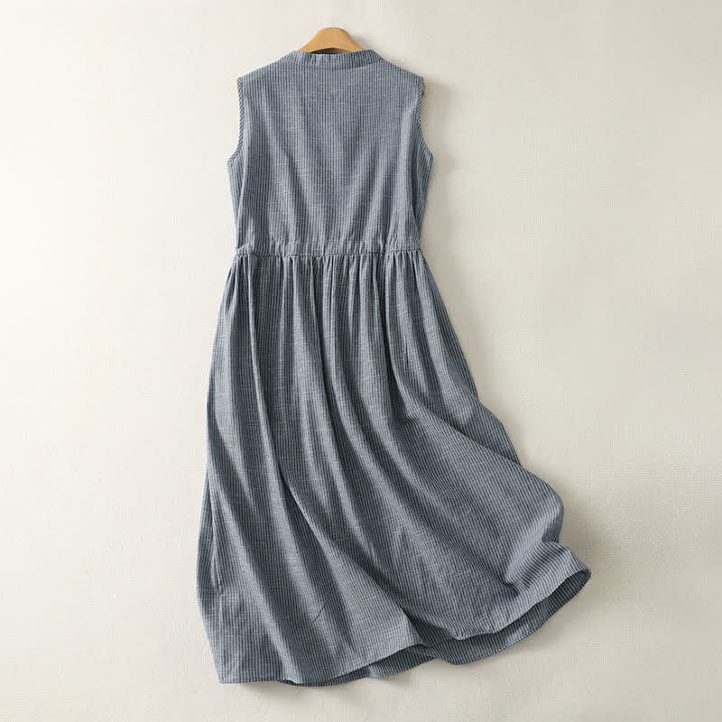 Buddha Stones Summer Minimalist Button-Up Drawstring Striped Women's Sleeveless Dress