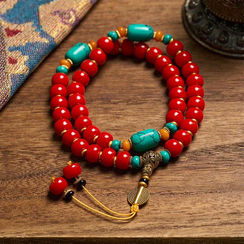 Buddha Stones Tibetan Red Agate Turquoise Confidence Beaded Bracelet