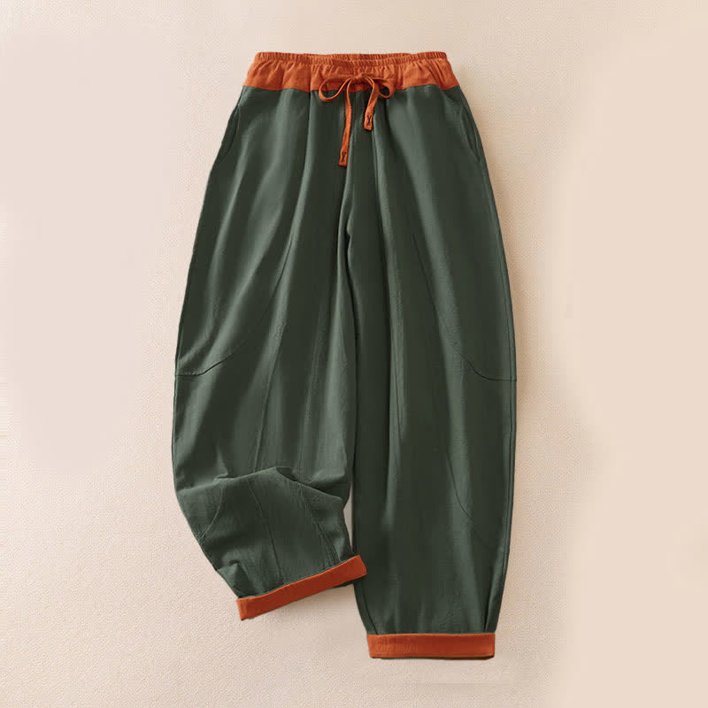 Buddha Stones Spring Casual Drawstring Solid Cotton Women's Harem Pants With Pockets