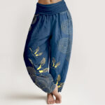 Buddha Stones Cotton Gold Bird Circle Pattern Women's Elastic Waist Harem Pants
