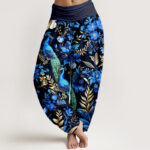 Buddha Stones Pure Cotton Teal Peacock Floral Pattern Women's Elastic Waist Harem Pants