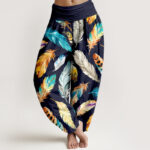Buddha Stones Pure Cotton Colorful Feather Pattern Women's Elastic Waist Harem Pants
