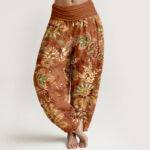 Buddha Stones Pure Cotton Bohemian Floral Leaf Pattern Women's Elastic Waist Harem Pants