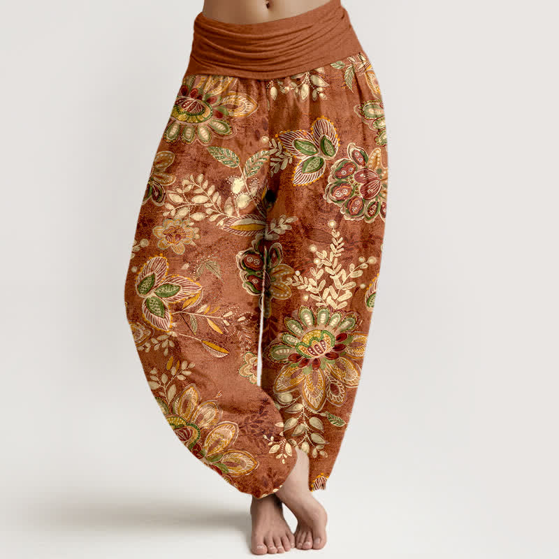 1776234867_7e2dffc4-a5b6-471d-9c94-bc06ab75b83f.jpg Buddha Stones Pure Cotton Bohemian Floral Leaf Pattern Women's Elastic Waist Harem Pants