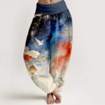 Buddha Stones Pure Cotton Crane Cloud Lantern Night Sky Pattern Women's Elastic Waist Harem Pants