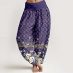 Buddha Stones Pure Cotton Bohemian Floral Border Pattern Women's Elastic Waist Harem Pants