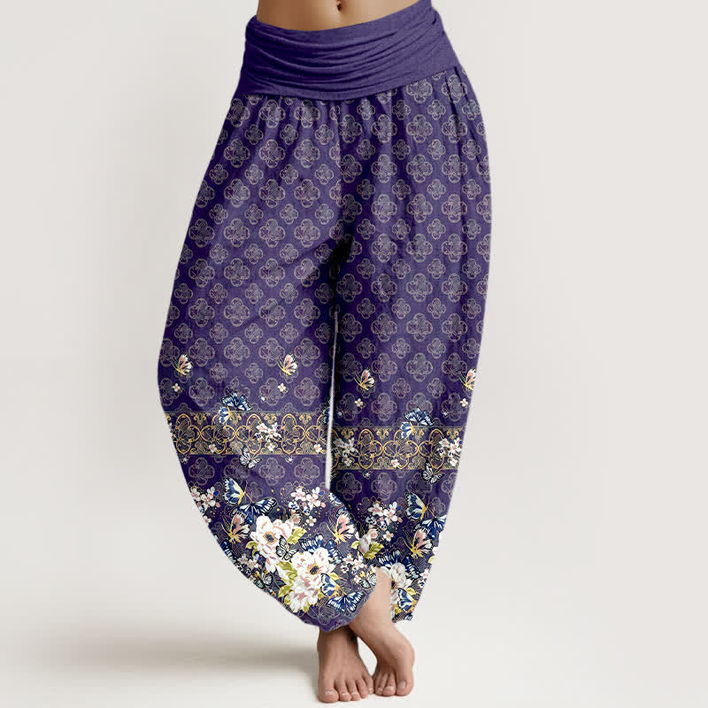 1776235158.jpg Buddha Stones Pure Cotton Bohemian Floral Border Pattern Women's Elastic Waist Harem Pants