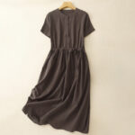 Buddha Stones Summer Minimalist Button-Up Drawstring Solid Women's Short Sleeve Dress With Pockets