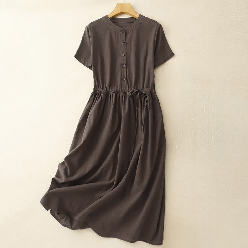 Buddha Stones Summer Minimalist Button-Up Drawstring Solid Women's Short Sleeve Dress With Pockets