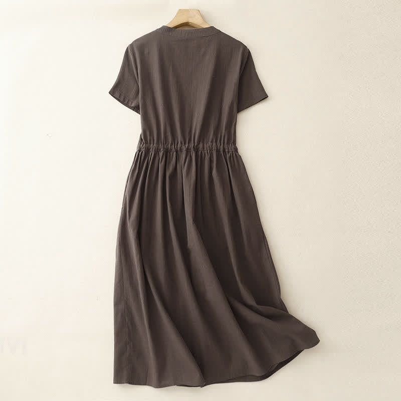 Buddha Stones Summer Minimalist Button-Up Drawstring Solid Women's Short Sleeve Dress With Pockets