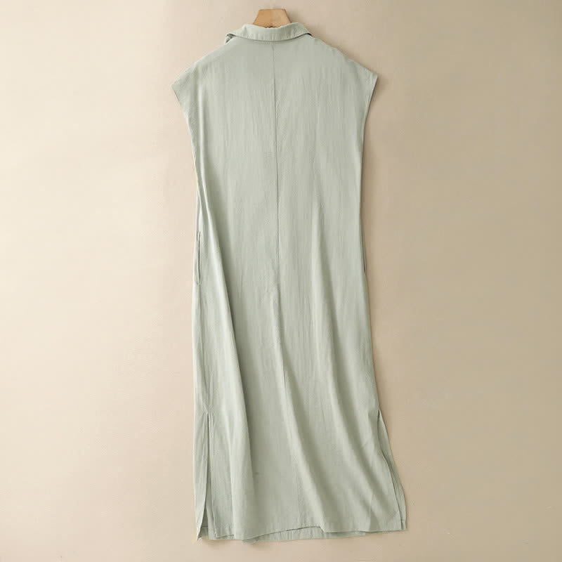 Buddha Stones Summer Minimalist Side Slit Solid Women's Summer Sleeveless Dress With Pocket