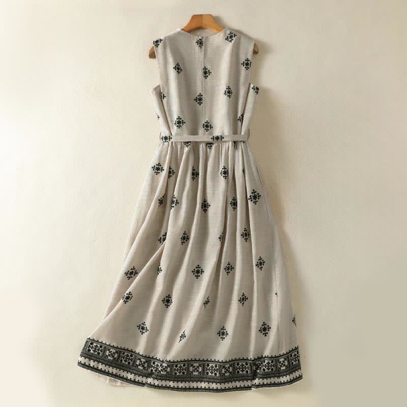 Buddha Stones Summer Boho Drawstring Geometric Print Women's Summer Sleeveless Dress With Pockets