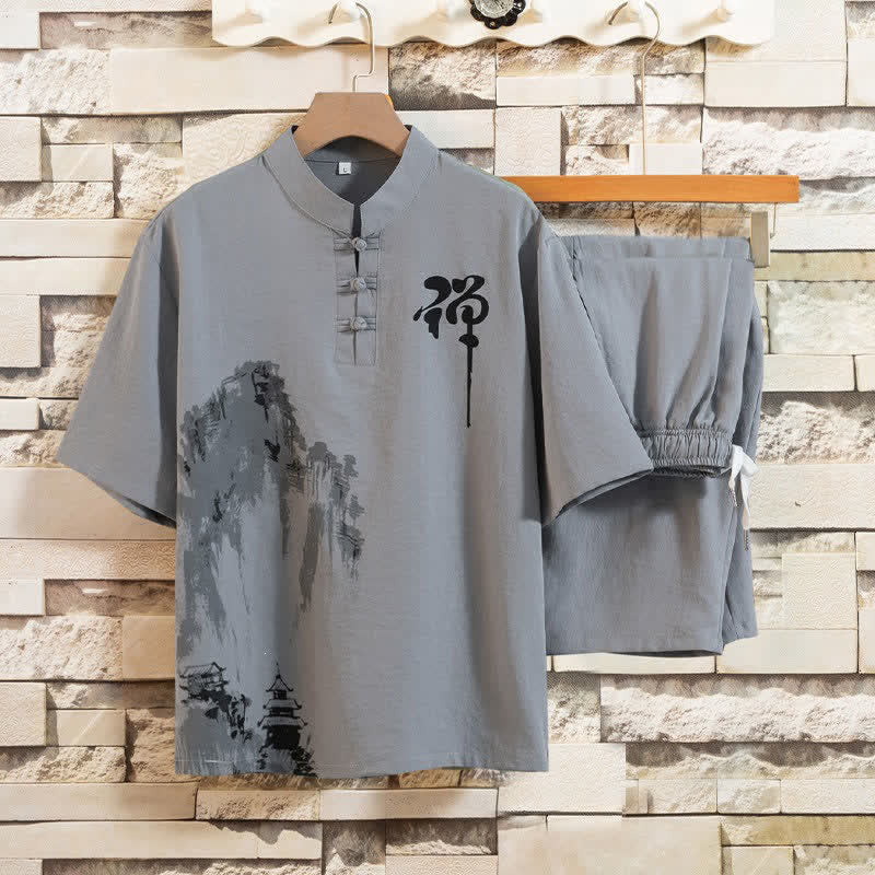 1776406628_250f85a3-7a7d-47a8-b395-b1604e4a4d6a Buddha Stones Summer 2Pcs Mandarin Collar Frog Button Ink Wash Print Short Sleeve Shirt Bermuda Pants Men's Meditation Cloth With Pockets - Image 1