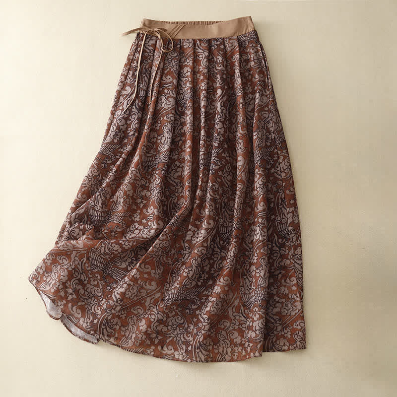 Buddha Stones Summer Drawstring Floral Print Lace-up Women's Skirts With Pockets