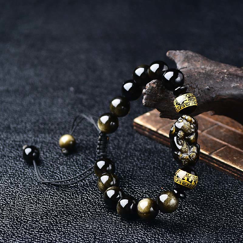 1776612616.jpg Buddha Stones Natural Gold Sheen Obsidian PiXiu Om Mani Padme Hum Protection Rope Bracelet