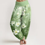 Buddha Stones Pure Cotton Watercolor White Lotus Pattern Women's Elastic Waist Harem Pants