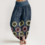 Buddha Stones Pure Cotton Sunburst Floral Pattern Women's Elastic Waist Harem Pants