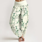 Buddha Stones Pure Cotton Bamboo Leaf Calligraphy Pattern Women's Elastic Waist Harem Pants