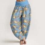 Buddha Stones Pure Cotton White Crane Cloud Pattern Women's Elastic Waist Harem Pants