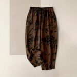 Buddha Stones Pure Cotton Black Botanical Leaf Pattern Women's Elastic Waist Pants With Pockets
