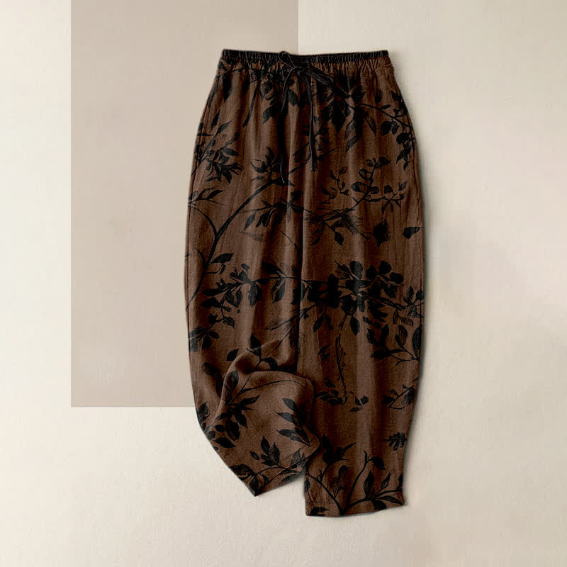 1776825308 Buddha Stones Pure Cotton Black Botanical Leaf Pattern Women's Elastic Waist Pants With Pockets - Image 1