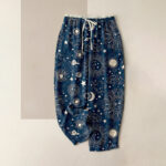 Buddha Stones Pure Cotton Celestial Sun Moon Stars Pattern Women's Elastic Waist Pants With Pockets