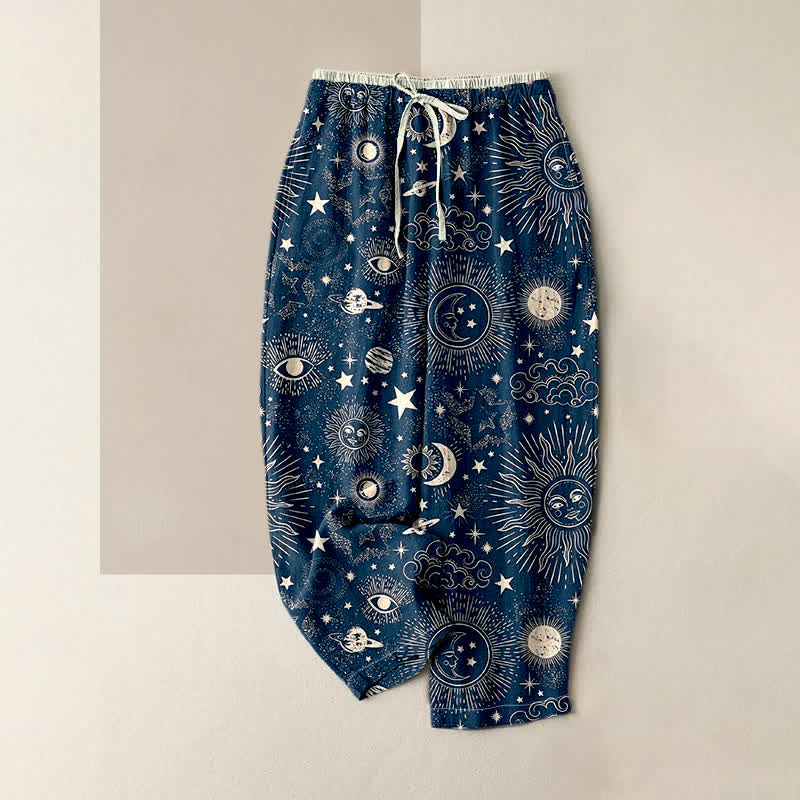 1776826536.jpg Buddha Stones Pure Cotton Celestial Sun Moon Stars Pattern Women's Elastic Waist Pants With Pockets