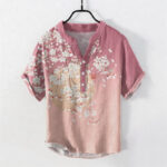 Buddha Stones Pure Cotton Cherry Blossom Watercolor Pattern Men's Short Sleeve Half Button Shirt