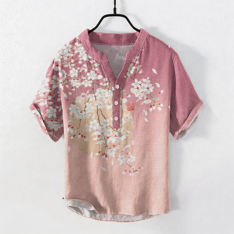 1776836963_d2da1e95-e055-46f0-b4e9-44ac29c64018.jpg Buddha Stones Pure Cotton Cherry Blossom Watercolor Pattern Men's Short Sleeve Half Button Shirt