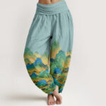 Buddha Stones Pure Cotton Blue Green Mountain Landscape Pattern Women's Elastic Waist Harem Pants