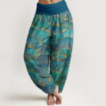 Buddha Stones Pure Cotton Turquoise Fan Pattern Women's Elastic Waist Harem Pants