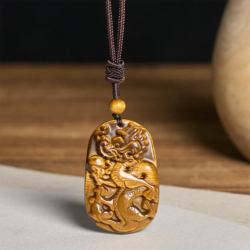 Buddha Stones Tiger Eye Carved Dragon Pattern Rope Protection Necklace Pendant