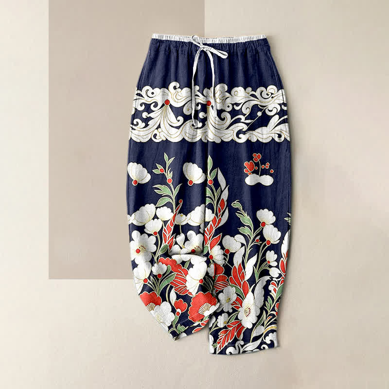 1776915413.jpg Buddha Stones Pure Cotton Bohemian Floral Cloud Pattern Women's Elastic Waist Pants With Pockets