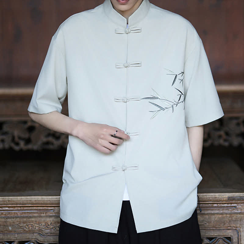 Buddha Stones Summer Tang Style Mandarin Collar Frog Button Bamboo Embroidery Men's Short Sleeve Shirts