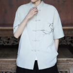 Buddha Stones Summer Tang Style Mandarin Collar Frog Button Bamboo Embroidery Men's Short Sleeve Shirts