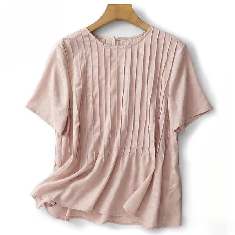 Buddha Stones Summer Elegant Pleated Solid Women's Short Sleeve T-Shirts