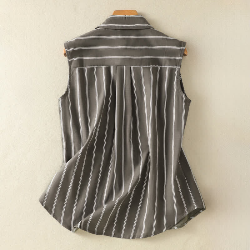 Buddha Stones Summer Vintage Button-Up Striped Women's Sleeveless Shirts With Patch Pocket
