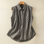 Buddha Stones Summer Vintage Button-Up Striped Women's Sleeveless Shirts With Patch Pocket