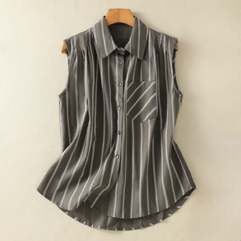 Buddha Stones Summer Vintage Button-Up Striped Women's Sleeveless Shirts With Patch Pocket