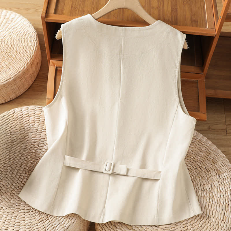Buddha Stones Summer Vintage Button-Up Solid Women's Sleeveless Shirts With Decorative Pockets